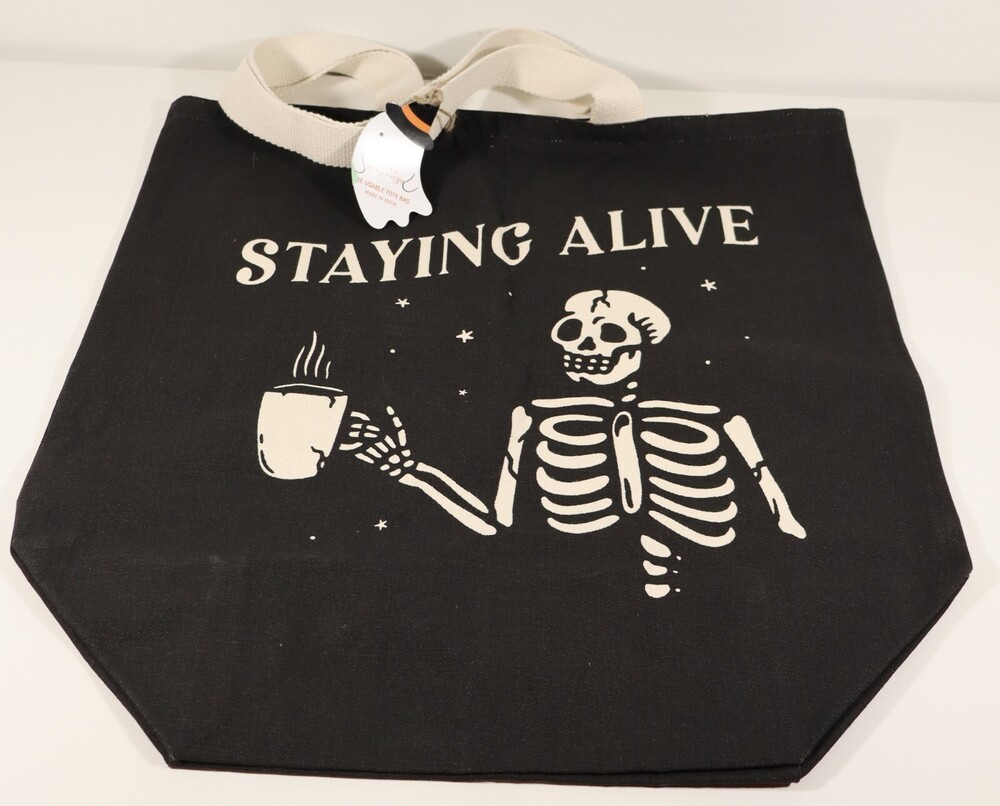 "Staying Alive" Black Halloween Canvas 2 sided graphic Tote Bag-Large-20"X20"